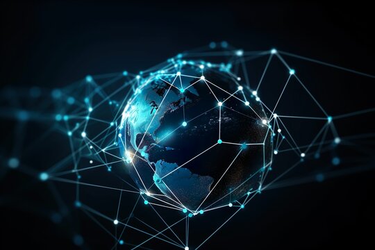 Internet technology with global communication network connected around the world for IoT, telecommunication, data transfer & international connection links