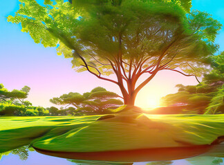 Un paysage naturel et lumineux. Un grand arbre vert majestueux sur une colline devant un coucher de soleil.