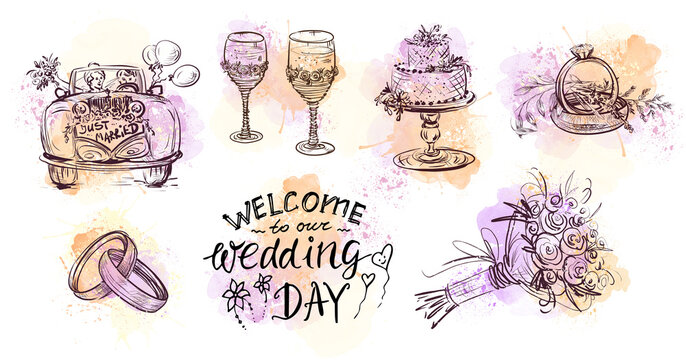 A set of wedding watercolor illustrations on a white background. Wedding glasses, cake, car, rings for invitation design, templates
