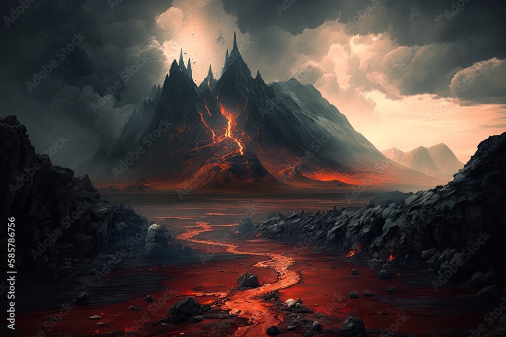 Wall mural mordor landscape, with fiery lava flows and volcanic peaks, created with generative ai