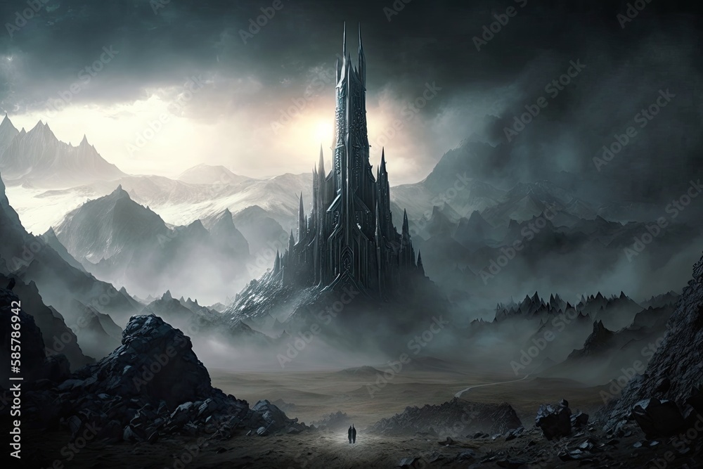 Canvas Prints minas morgul, the haunted city of mordor, with mist rolling over the landscape, created with generative ai