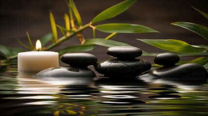 Serene Zen garden with bamboo and smooth stones on water. Generative AI
