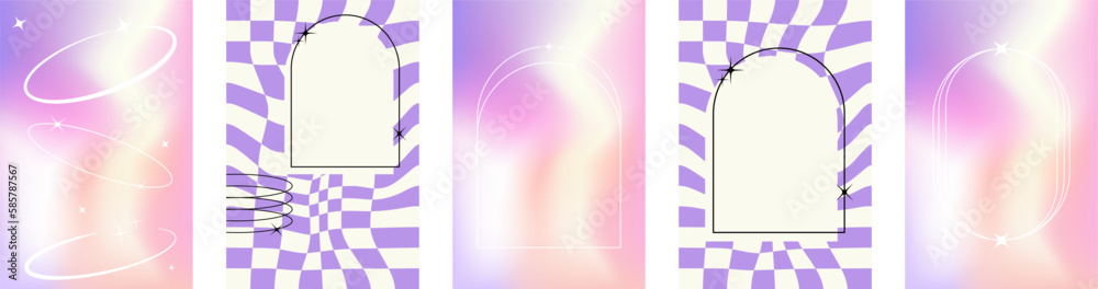 Poster Trendy blurred holographic style A4 posters set with linear geometric shapes cover for stories or post in social media. Modern minimalist print with simple figures and graphic elements. Vector EPS 10