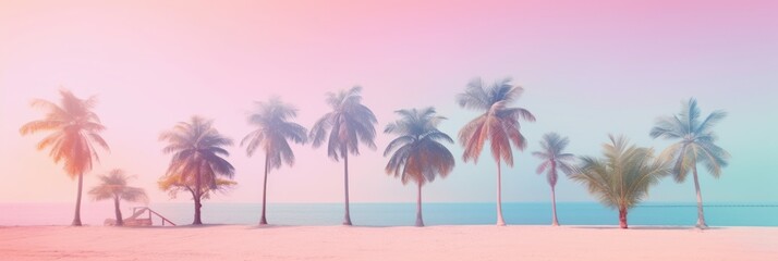 Fototapeta na wymiar Beautiful gentle romantic summer landscape, sea coast under a clear sky. Palm trees on hot sand, pastel colors. Vacation and tropical paradise. Generative AI.