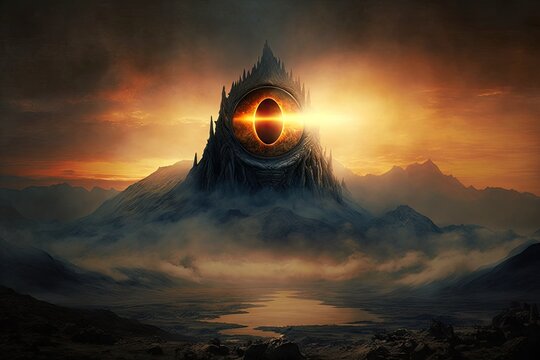 misty sunrise over the desolate lands of mordor, with the eye of sauron in view, created with generative ai