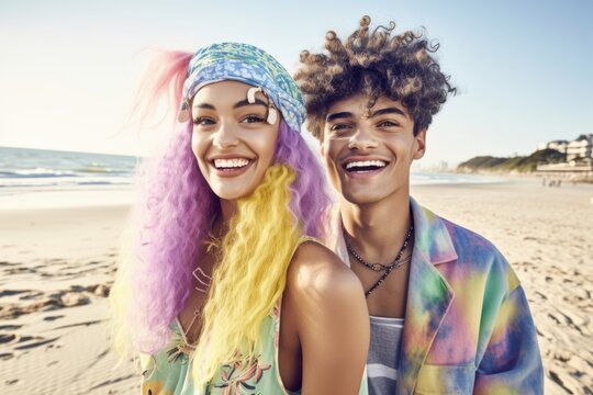 Young couple in love, beautiful happy people at a party on the beach, on the sea shore enjoying and laughing with music on the hot sand on a sunny day. Generative AI.