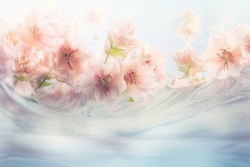 A pastel pink wreath of fresh spring pastel pink flowers on water waves, on a restless turbulent sea. Soft background. Generative AI.