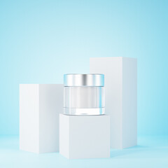 Glass cream container on blue background. 3d render