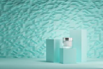 Glass cream container on green podium. 3d render