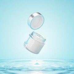 Fototapeta na wymiar Glass cream container under blue water swirl. 3d render