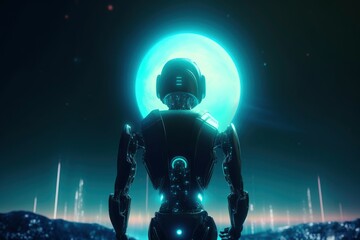 A robot looking out at a futuristic neon planet made with Generative AI