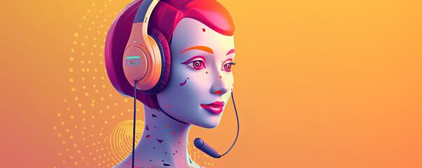 A woman AI Chat bot with headphones on her head do customer service. Virtual assistant concept wallpaper. Generative AI