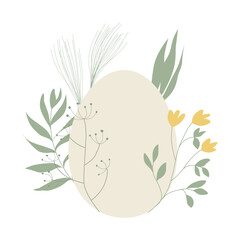 Happy Easter spring floral egg composition. Simple pastel seasonal design. Flat vector illustration for card, invitation, banner, flyer, poster