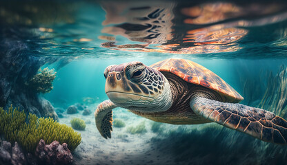 Turtle swims underwater in the sea, against the backdrop of beautiful nature, summer day