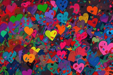 Abstract canvas bursts with multicolored hearts. Generative AI