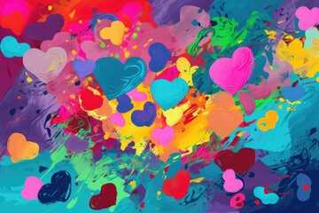 Fototapeta na wymiar Abstract canvas bursts with multicolored hearts. Generative AI