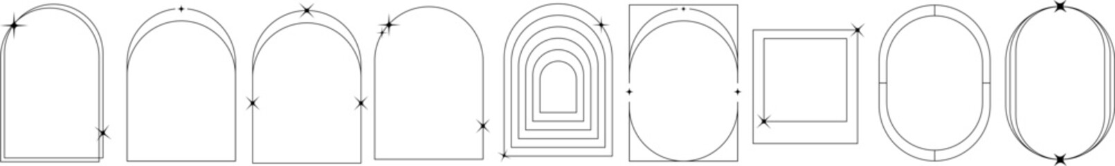 Modern minimalist aesthetic linear frames. Retro stars, starburst icons and minimalist frames and borders with twinkle star. Frame with sparkles. Vector illustration EPS 10 and PNG