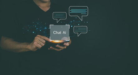 businessmen use chatbots on communication tools. Use the Q&A command To create AI tasks using technology developed by programmers. Smart robots of the future, AI cutting-edge technology