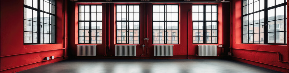 Red room with black window frames and white funaces. A vacant tenant space for small office, restaurants, and bars. wide format. Generative AI. 