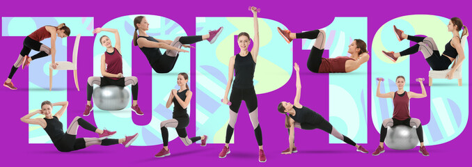 Top ten list of home fitness exercises on color background. Young sporty woman in different poses