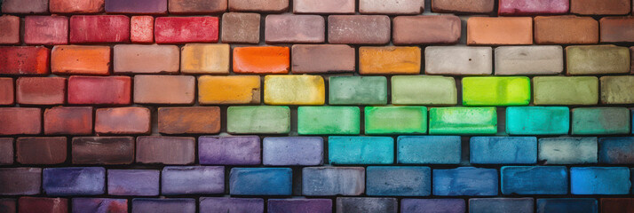 A brick wall with color background. A brick wall consisting of brick of different colors. A spectrum of colors or rainbow colors. Diversity concept. Generative AI.  