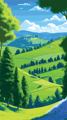 Spring landscape with trees, mountains, fields, flowers. Vector illustration.