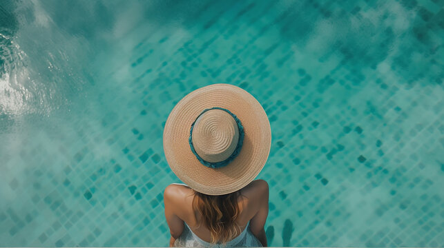 Woman dressed bikini and hat in pool, Travel, Relax, Summer, Vacation, Generative AI	