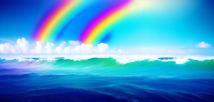Blue Ocean With Sea Foam Waves and Double Rainbow in the Sky Generative AI Art Illustration
