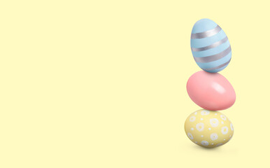 Stack of Easter eggs on beige background, space for text