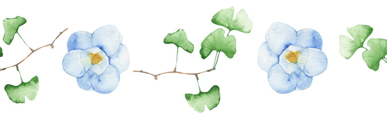 Watercolor frame - illustration with green leaves and flowers elements, for wedding stationery, congratulations, wallpapers and more on white background.