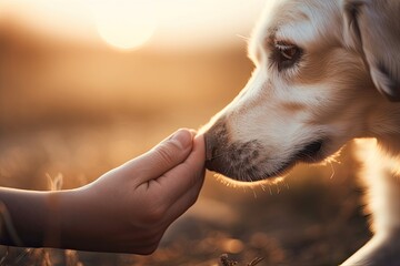 Dog owner touches its dogs nose. dog love concept. generative ai