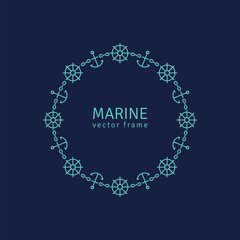 Graphic Design Template for Logo, Labels and Badges. Abstract Line Ornate Frame with Anchors, Waves, Wheel and Chain. Vector illustration.