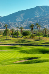 Green lawn and palm trees on a golf course in Palm Springs, California