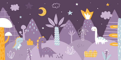 Night landscape with cute sleeping dino. Scandinavian print with night jurassic valley for baby wall art.