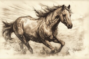 Obraz premium majestic horse galloping in a beautiful countryside field. Generative AI