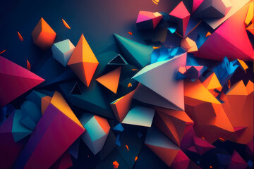 Abstract background, colored triangles on a dark blue background. AI generative.