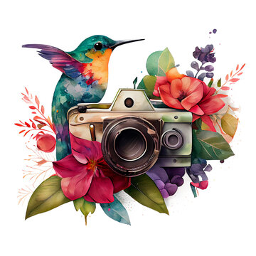 Floral Camera With Hummingbird watercolor art, Retro camera in flowers and plants. Hand-drawn photo camera. Can be used as a print, logo, card, or wedding invitation. Generative ai