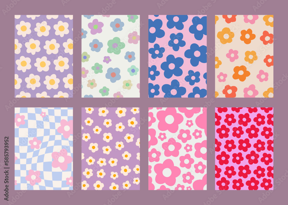 Poster cool groovy flowers pattern posters collection. set of y2k textures. trendy abstract backgrounds. fu