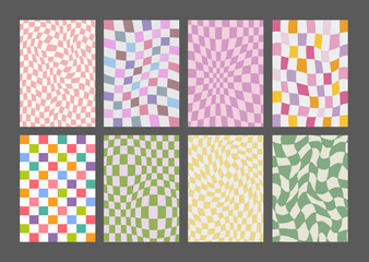 Cool Groovy Pattern Posters Collection. Set of Y2K Textures. Trendy Abstract Geometric Checkered Backgrounds. Funky Retro Vintage Backdrops.