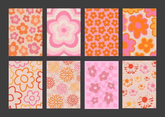 Cool Groovy Flowers Pattern Posters Collection. Set of Y2K Textures. Trendy Abstract Backgrounds. Funky Blossom Backdrops Vector Design.