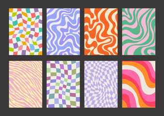 Cool Groovy Pattern Posters Collection. Set of Y2K Textures. Trendy Abstract Geometric 90s Backgrounds. Funky Retro Vintage Backdrops.