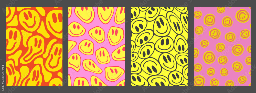 Wall mural set of trendy groove smile patterns. collection of cool funky y2k posters. retro vintage pop art bac