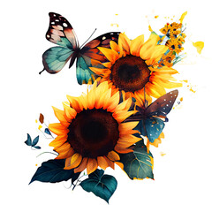 Watercolor Butterflies Sunflowers, Watercolor sunflowers, and butterflies, hand-drawn floral illustration Card with PNG Background, template card Golden frames, and baskets, Generative AI