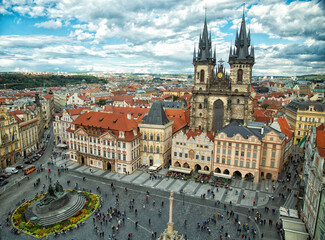 View on the cathedral and the monument in old town square in Prague, in Czech Republic