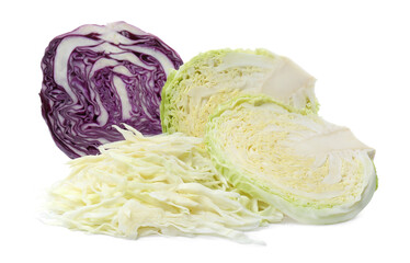 Different types of cut cabbage on white background