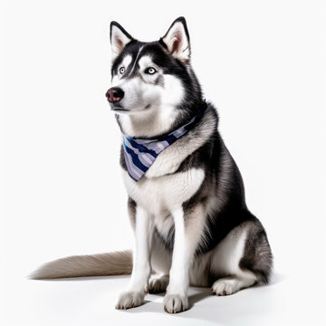 Siberian Husky black white dog with scarf blue gray with Generative AI technology