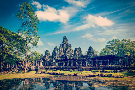 Vintage retro effect filtered hipster style travel image of Bayon temple, Angkor Thom, Cambodia
