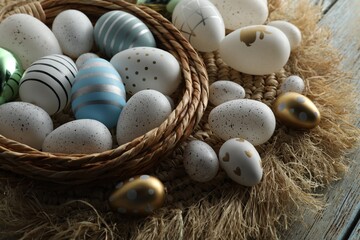 Decorative nest and many beautiful Easter eggs on table