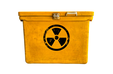 Black radioactive sign on yellow container isolated with clipping paths on white background