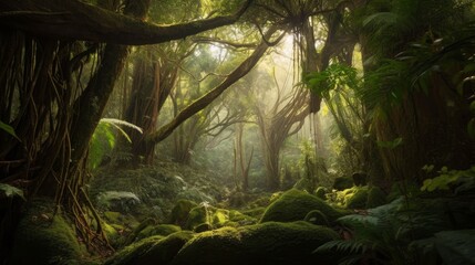 Fototapeta premium A lush tropical forest landscape, capturing the vibrant greenery and diverse flora of the region, created by AI.